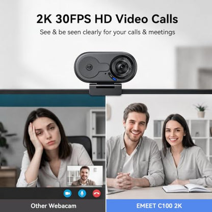 EMEET C100 2K Webcam for PC with Rotating Privacy Cover, Mic & Metal Clip | Computer Camera for Home Office, Meetings, Learning, Streaming, External Webcam for Desktop, Laptop, PC USB-A - style: Crisp 2K w/ Portable Metal Clip