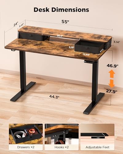 FiCiHi 55x24 Inch Electric Standing Desk, 2 Drawers, Adjustable Height Desk - color: Rustic Brown, size: 55"x24" (Standard)