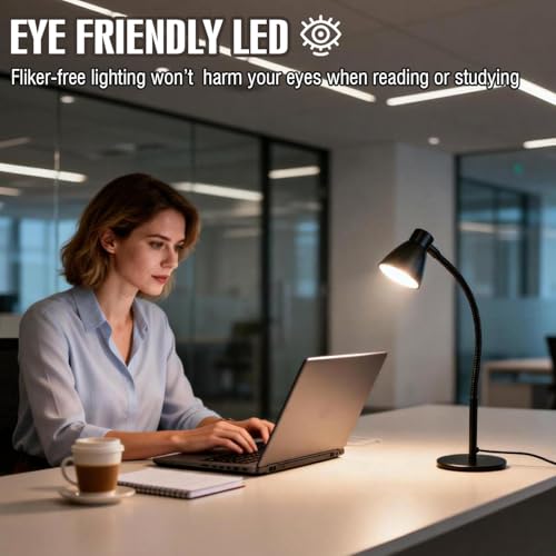 Small Dimmable Gooseneck LED Desk Lamp for Home Office, CRI 90+ Eye-Caring Reading Light, Adjustable Brightness, Perfect for Study Desk (Adapter Included)
