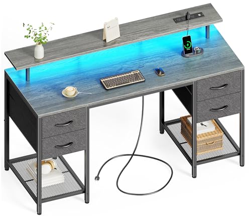 Huuger 55 inch Computer Desk with Power Outlets & 4 Drawers - color: Grey, size: 55 Inch
