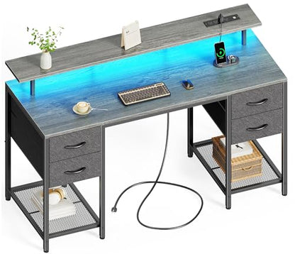 Huuger 55 inch Computer Desk with Power Outlets & 4 Drawers - color: Grey, size: 55 Inch