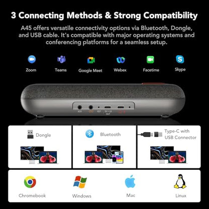 NUROUM A45 Conference Speaker and Microphone, 6 AI Noise Cancelling Mics, 360° 16ft Voice Pickup, Daisy Chain, Bluetooth/USB Speakerphone with Dongle, Compatible with Zoom/Teams/Google Meet