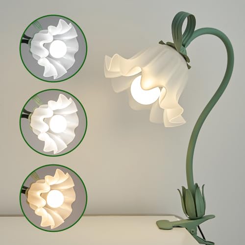 WERFOP Flower Lamp Clip on Light, 3 Color Modes Eye-Caring Desk Lamp with Clamp, Dorm Room Essentials, Flexible Neck Reading Clamp Lamps for College Bedside Bookshelf Studying Room (Green) - color: Mint Green