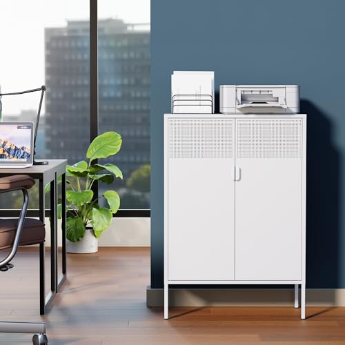 Ustamio 2 Door Accent White Metal Storage Cabinet with Adjustable Shelves and Air Vent Doors, 3 Tier Metal Sideboard Cabinet for Home, Office, Entryway, Hallway, Assembly Required, (LC-WGG-W) - color: White, size: 47.2"H-Metal Doors
