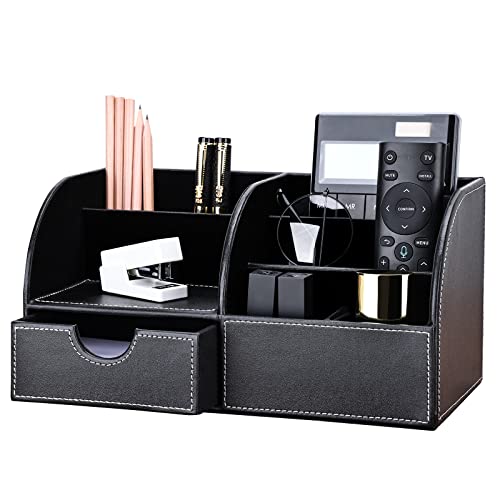 Pu Leather Desk Organizer Pen Pencil Holder Office Supplies Caddy Storage Box 6 Compartments with Drawer Black - color: Black