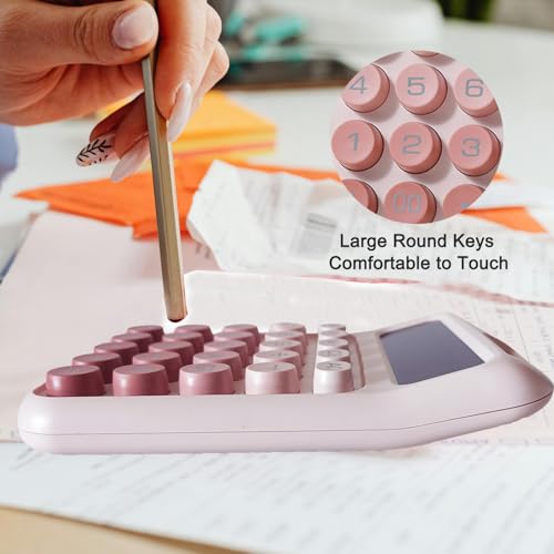 Desk Calculator, Cute 12 Digits Large LCD Display Merchanical Calculator Big Buttons for School,Office,Home,Business, Solar and Battery Dual Power, Battery Include (Pink) - color: Pink