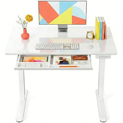 Marsail 40 x 24 inch Glass Standing Desk with 4-Zone Drawer Storage, White | 28.3–46.5 Inch Height Range, One-piece Tempered Glass top, 4 Preset Heights, Sit Stand Design, Ergonomic Home Office Desk - size: 40*24 Inch