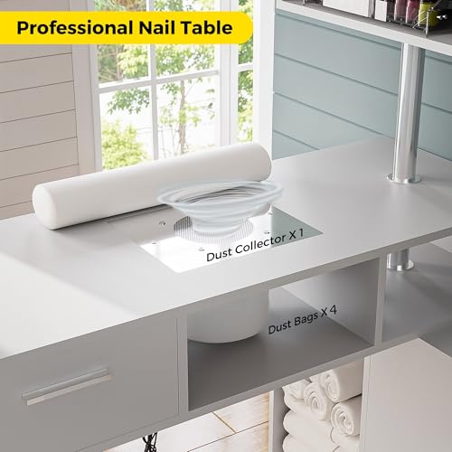 Kikihouse Manicure Table Nail Desk with Dust Collector, L-Shaped Nail Tech Desk with Stool, Two-Way Drawer, Cabinet & Storage Shelves, Rotating Reversible Manicure Workstation on Wheels (White) - color: White