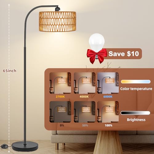 Rattan Floor Lamps for Living Room with Dimmable 9W LED Bulb Farmhouse | Remote Control Boho Standing Lamps with Rattan& Linen Double Shades, Arc Lamps Reading Floor Tall Lamp for Bedroom - style: Cylinder-Black