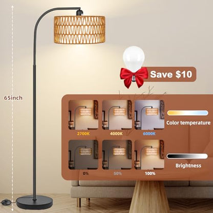 Rattan Floor Lamps for Living Room with Dimmable 9W LED Bulb Farmhouse | Remote Control Boho Standing Lamps with Rattan& Linen Double Shades, Arc Lamps Reading Floor Tall Lamp for Bedroom - style: Cylinder-Black