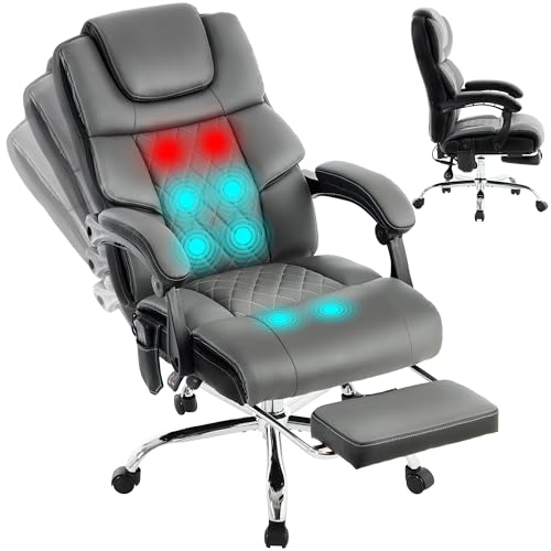 Massage Office Chair with Heat & Footrest,Heated Comfy Reclining Desk Chair with Vibration,Executive Big and Tall Chairs for Heavy People,Adjustable Height Black Grey - color: Gray1