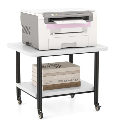 Tangkula Printer Stand with Storage, Under Desk Printer Table with 4 Wheels & Locking Mechanism, 2-Tier Rolling End Table Storage Rack for Bedroom, Living Room, Study - color: White, size: 2-Tier