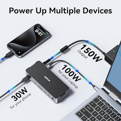 USB C Docking Station 3 Monitors Laptop USB C Dock Dual Monitor with 2 HDMI DisplayPort 4K144Hz,USB A 2.0/3.0,USBC 3.1 10Gbps&30W Output,Ethernet,microSD&SD,Audio&Mic,150W DC Power for Dell/Lenovo/HP