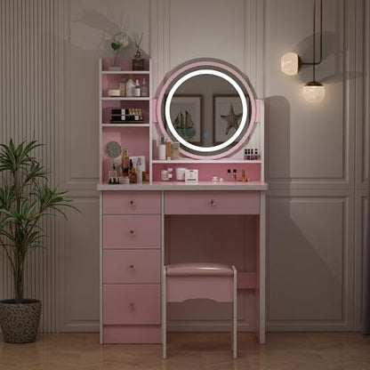 ECACAD Vanity Desk Set with LED Lighted Round Mirror, Makeup Dressing Table with 5 Drawers, Storage Shelves & Cushioned Stool for Bedroom, Pink - style: Pink-With Light