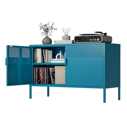 Ustamio Blue Metal Storage Cabinet with Doors and Shelf, 2 Door Locker Storage Cabinet for Home and Office, 2 Tier Low Metal Tv Stand Cabinet - color: Dark Blue, size: 25.2"H-Metal Doors