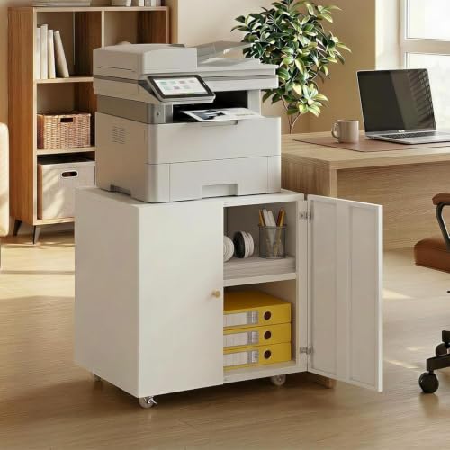 23.6" Metal Printer Stand with Storage Cabinet & Adjustable Shelf | Rolling Printer Cabinet with Wheels for Home Office, Under Desk Storage, White - color: White, size: 23.6"D x 23.6"W x 23.6"H