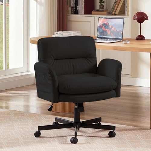 Bestier Criss Cross Office Chair with Flip-Up Arms, Comfy Wide Vanity Chair | Scratch-Resistant Pu Leather Computer Office Desk Chairs with Wheels 2 Side Pockets for Home Makeup Bedroom, Black - color: Black Pu Leather, size: Low Back