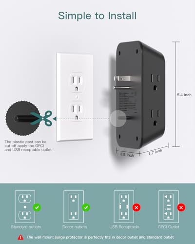 Addtam 5-Outlet Extender Surge Protector, Multi Plug Wall Outlet with 4 USB Wall Charger(2 USB C), Outlet Splitter Power Strip for Home Office Dorm Room Essentials, Plug Extension Outlet 1800J, Black - style: 2C2A No PD