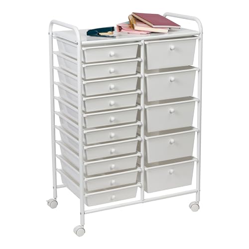 Honey-Can-Do 15-Drawer Metal Rolling Storage Cart, White Steel Multi-Purpose Organizer with Wheels, Heavy Duty Mobile Utility Trolley for Home Office, School, and Craft Supplies