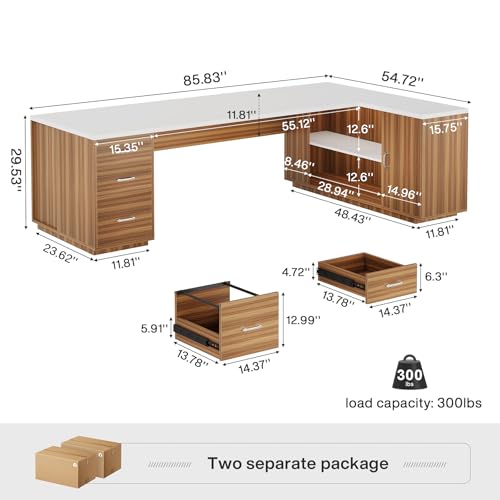 Tribesigns 85.8-Inch L-Shaped Executive Desk, Extra Large Home Office Desk - color: White & Brown