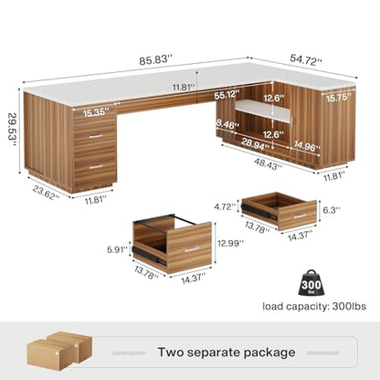 Tribesigns 85.8-Inch L-Shaped Executive Desk, Extra Large Home Office Desk - color: White & Brown