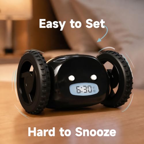 CLOCKY Runaway Digital Loud Rolling Alarm Clock for Heavy Sleeper Adults - color: Black Black Wheels