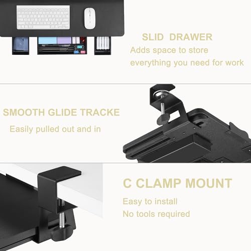Keyboard Tray Under Desk with Drawer,26.77" X 11.81" Keyboard Tray Large Size with C Clamp-on Mount, Easy to Install, Save Space for Office Desk (Black) - color: Black