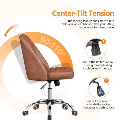 Yaheetech Retro Brown Faux Leather Armless Swivel Rolling Vanity Desk Chair | Compact faux leather seat fits small vanity, sewing or office desks; adjustable height, swivels on smooth wheels, fast setup. - color: Retro Brown