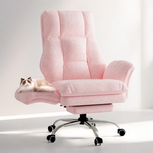 Big and Tall Office Chair, Flip Armrests for Pets & Cross Legged Sitting | Executive Ergonomic Computer Gaming Chair with Foot Rest, Teddy Fleece Wide Seat Reclining Desk Chair, Pink - color: Pink