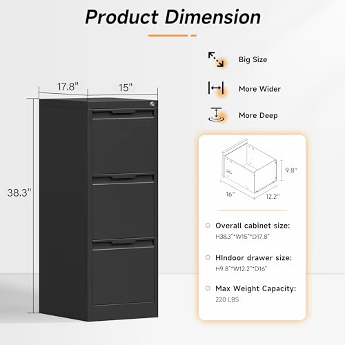 Bestoo File Cabinet, 3 Drawer Filing Cabinet with Lock, Metal File Cabinet - color: Black, size: 3Drawer-Vertical-38.3"H