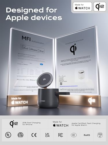 4 in 1 Qi2 Magnetic Wireless Charging Station, 15W Fast Charger with Made for Apple Watch Charging Module, for iPhone 17–12 Series & AirPods, 65W Adapter Included - color: Black