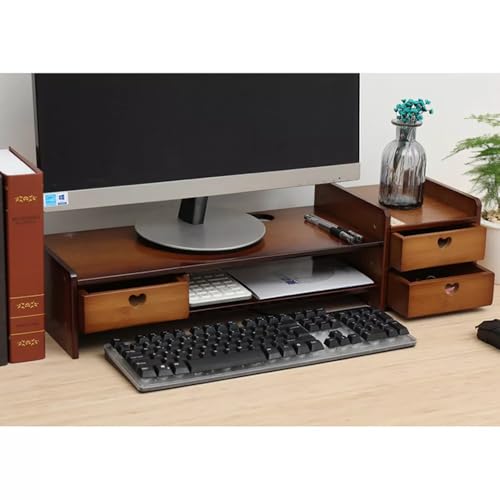 Bamboo Monitor Stand with Drawer, Multi-purpose Wood Monitor Riser Desk Organizer, Sturdy Desk Shelf for Notes Pen Computer Laptop Printer TV