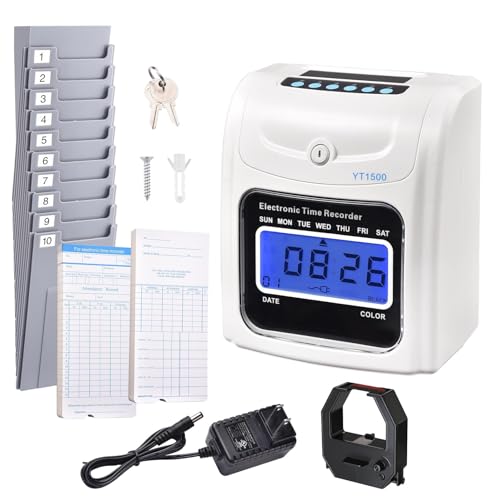 Electronic Time Clock Attendance Machine, LCD Display, Automatic Time Calibration, Wall-Mounted Desktop Employee Attendance Punch Time Clock Recorder (Time Systems + Card Rack)