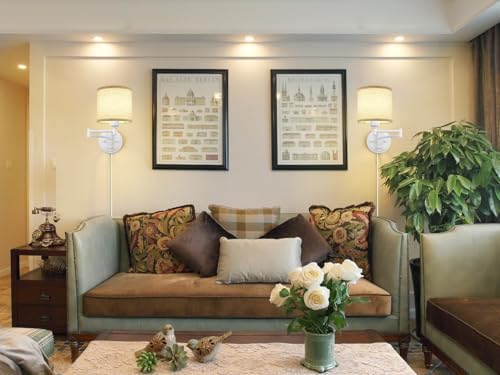 GOODATE Plug in Wall Sconces with Remote Control, Dimming, Adjustable Colors 2700K-6500K, Hardwire or Plug-in, Swing Arm Wall Lamp with Linen Fabric Shade, Wall Sconces Set of Two, White Finish - color: White & Linen