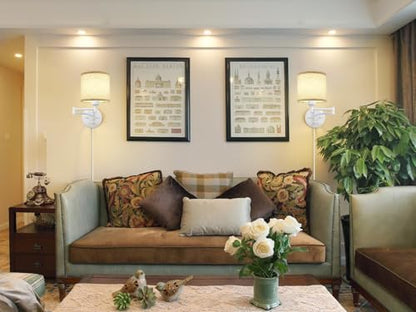 GOODATE Plug in Wall Sconces with Remote Control, Dimming, Adjustable Colors 2700K-6500K, Hardwire or Plug-in, Swing Arm Wall Lamp with Linen Fabric Shade, Wall Sconces Set of Two, White Finish - color: White & Linen