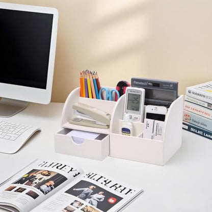 KINGFOM Pu Leather Desk Organizer Pen Pencil Holder Office Supplies Caddy Storage Box 6 Compartments with Drawer White (Full Pu Leather) - color: White