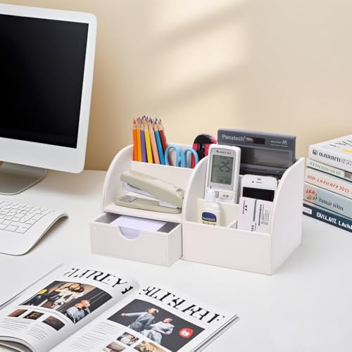 KINGFOM Pu Leather Desk Organizer Pen Pencil Holder Office Supplies Caddy Storage Box 6 Compartments with Drawer White (Full Pu Leather) - color: White