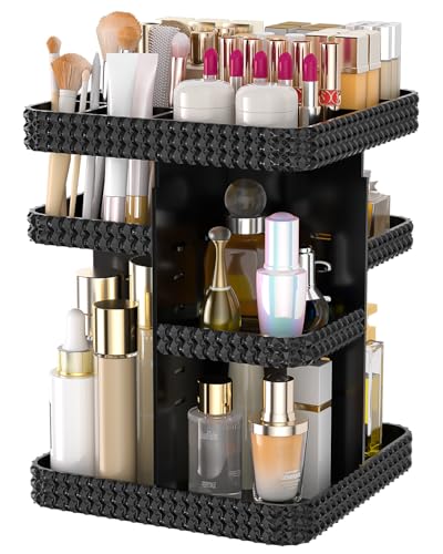 Rotating Makeup Organizer with Makeup Brush Holder,Large Capacity Perfume Organizer for Vanity Countertop,Acrylic Skincare Organizers Spinning Holder Storage Rack (Black) - color: Black