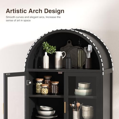 Arched Cabinet with Glass Doors, Fluted Pantry Cabinet with Solid Wood Legs - color: Black, size: Tall Arched - 15.7"D x 31.1"W x 70.8"H