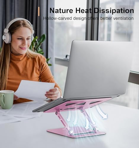 Aoviho Laptop Stand Holder, Adjustable Desk Laptop Riser, Foldable Notebook Computer Stands for MacBook Air Pro HP Lenovo Dell Samsung Chromebook, Up to 15.6 inch, Rose Gold - color: Rose Gold