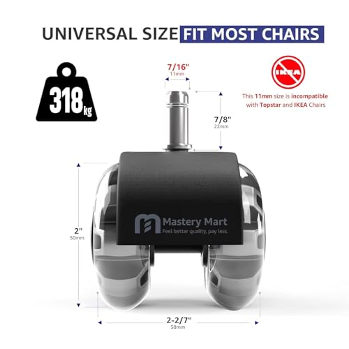 Mastery Mart Office Chair Caster Wheels for Hardwood Floors, Heavy Duty and Quiet Smooth Rollerblade Wheels for Office Chair, Universal Size (11x22mm), Suitable for Most Chairs - style: 2 inch-Grey