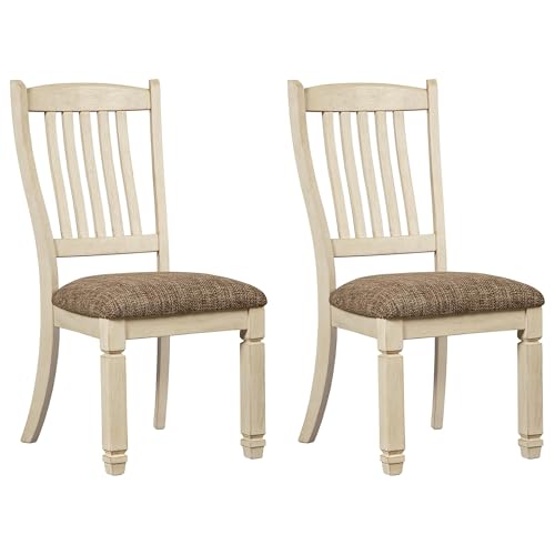 Signature Design by Ashley Bolanburg Upholstered Wood Dining Chairs, 2 Pack | Distressed antiqued white wood frame, Cozy textured polyester cushioned seats, 250 lb capacity for cottage-style dining - color: White