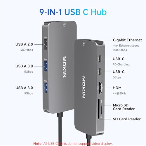 USB C Adapters for MacBook Pro/Air,Mac Dongle with 3 USB Port,USB C to HDMI, USB C to RJ45 Ethernet,MOKiN 9 in 1 USB C to HDMI Adapter,100W PD Charging, USBC to SD/TF Card Reader USB C Hub