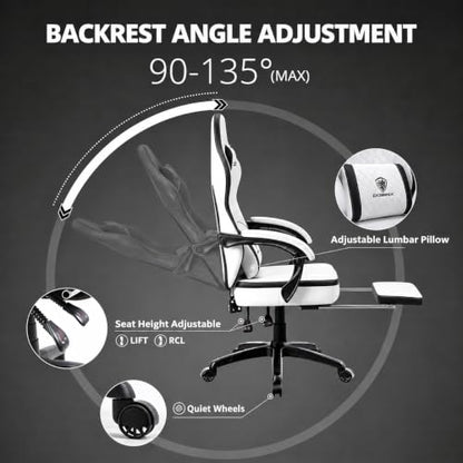 Dowinx Gaming Chair Breathable PU Leather Gamer Chair with Footrest Massage Lumbar Support, Big and Tall Ergonomic Reclining Computer Chair with Pocket Spring Cushion for Adults Teens (Black&White) - color: Black&white