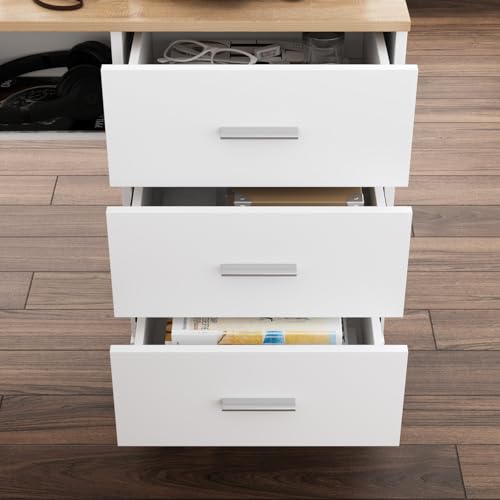 MOUMON L Shaped Standing Desk with Drawers and Shelves, Executive Adjustable Height Desk, L-Shaped Design, 63 inch Tabletop, for Office Oak and White (63”W x 63”D x 28.9-45.3”H) - color: Oak and White, size: 63”W x 63”D x 28.9-45.3”H