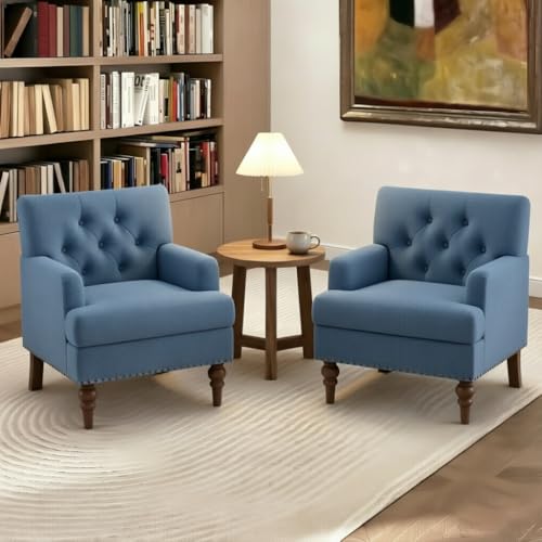 MALOL Modern Accent Chairs Set of 2 for Living Room, Comfy Bedroom Reading Armchair, Upholstered Single Sofa Chair with Thick Cushion &Wood Legs for Small Spaces, Blue - color: Blue, size: Set of 2