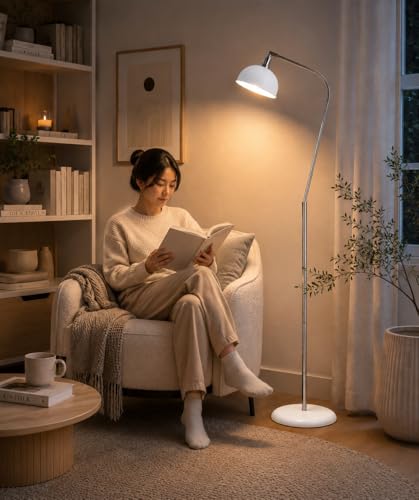 HarvestLand Halo Silver Floor Lamp with Adjustable Reading Light | Adjustable reading light, solid metal base, E26 bulb compatible. - color: White