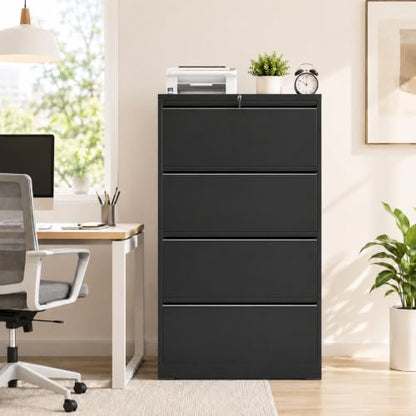 4 Drawer File Cabinet with Lock, Metal File Cabinet, Black - color: Black, size: 52.3"H - 4 Drawer