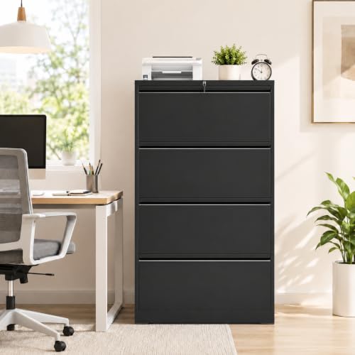 4 Drawer File Cabinet with Lock, Metal File Cabinet, Black - color: Black, size: 52.3"H - 4 Drawer