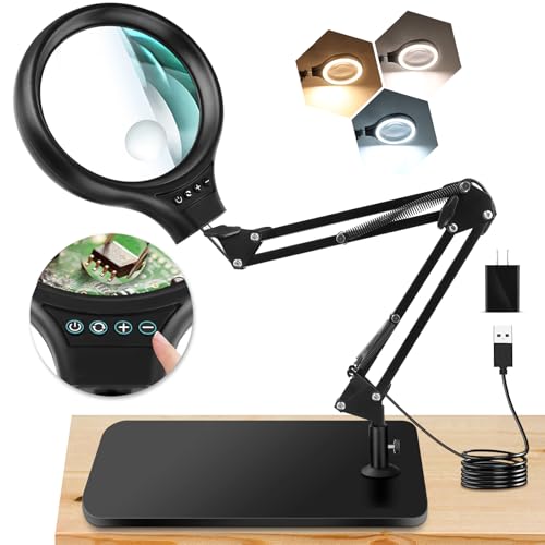 NZQXJXZ 10X 30X Large Magnifying Glass with Light and Stand, 5-inch LED Lighted Magnifier, 3 Color Modes Stepless Dimmable, Hands-Free Magnifying Glass Desk Lamp for Reading Craft Hobby Close Work